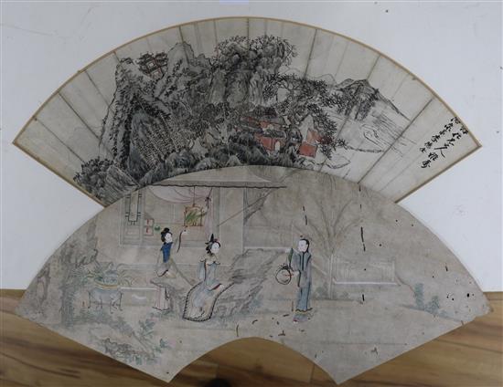 Two 19th century Chinese water and ink fan leaf designs approx. 7 x 19in., unframed